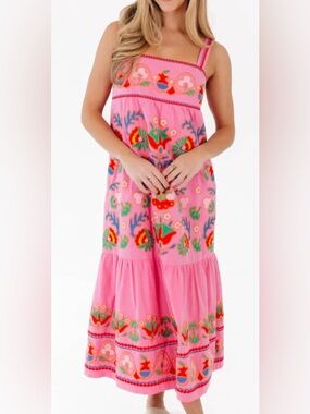 J. Marie Pink Embroidered Maxi Dress with Floral Motif NWT